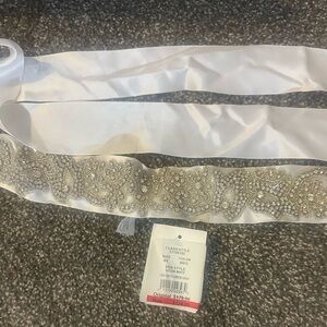 David's Bridal White Satin Wedding Sash with Crystal Beaded Applique